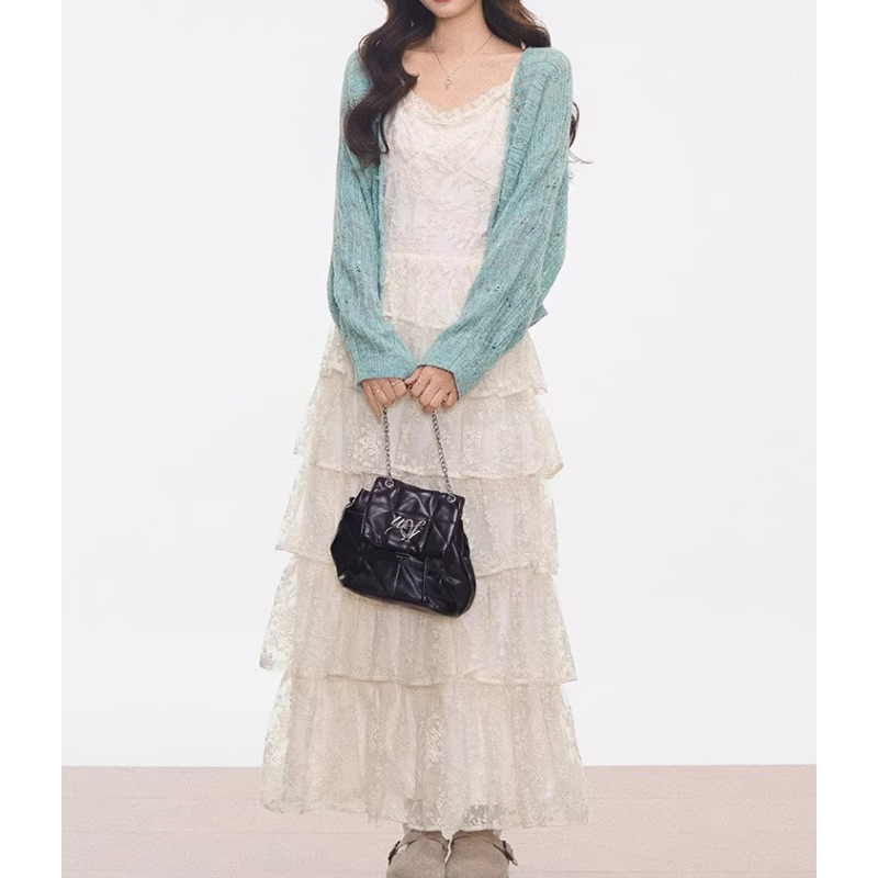 Mint Green Sweater Cardigan + Lace Cake Suspender Dress for Women Spring and Summer New Style
