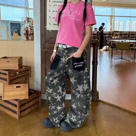 迷彩星星满印弯刀牛仔裤裤子男女2026春秋新款撞色口袋拖地阔腿裤