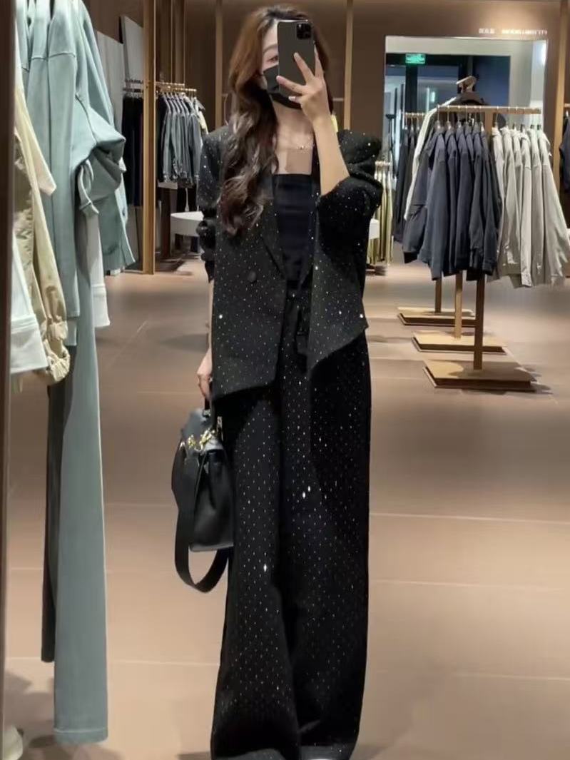 GraceChic Autumn New Style Irregular Shiny Blazer Jacket For Women With High Waist Wide Leg Pants Two-Piece Set_voghion.com