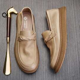 铂巍 英伦真皮套脚一脚蹬乐福鞋男士透气商务低帮休闲皮鞋软底豆