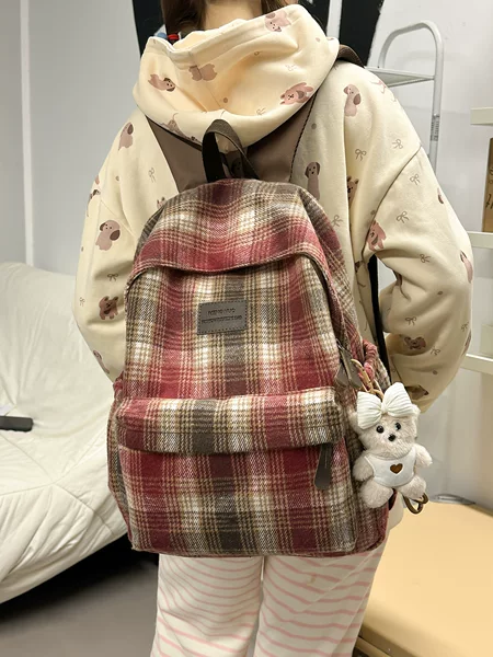 Backpack for Women Korean Style Autumn and Winter New Retro Plaid Backpack Japanese Style Girly Style College Student Literary Versatile School Bag