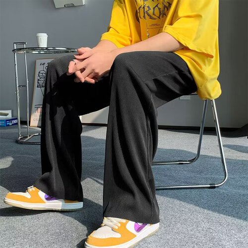 Men's Summer Thin Ice Silk Pants, Trendy Brand, Versatile, Cool Style, Sporty, Loose Straight Leg, Plus Size, Flowy Wide Leg Casual Pants