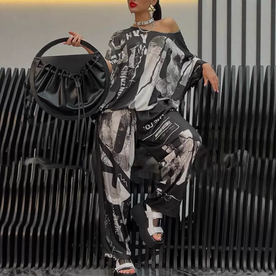 跨境欧美2025夏季新款亚马逊女装宽松圆领印花上衣+裤子休闲套装