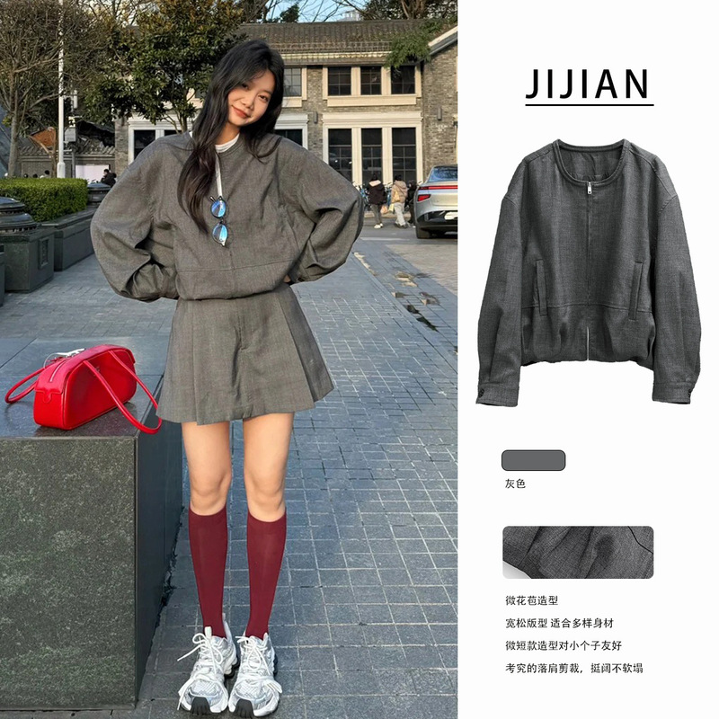 Dark Plaid Wool Blend Gray Off-Shoulder Jacket for Women, New Spring Style, Loose Casual Commuter Short Coat for Early Autumn Dark Plaid Wool Blend Gray Off-Shoulder Jacket for Women, New Spring Style, Loose Casual Commuter Short Coat for Early Autumn