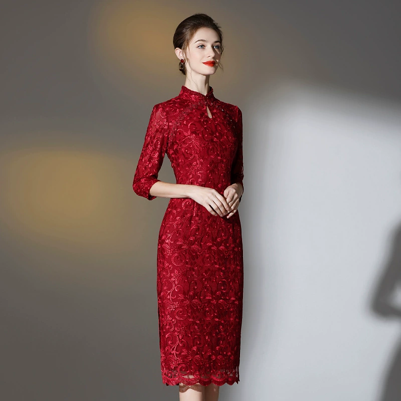 Средних лет свадебное платье матери весной и осенью красный Банкетный платье улучшилось юбка cheongsam поколение волос