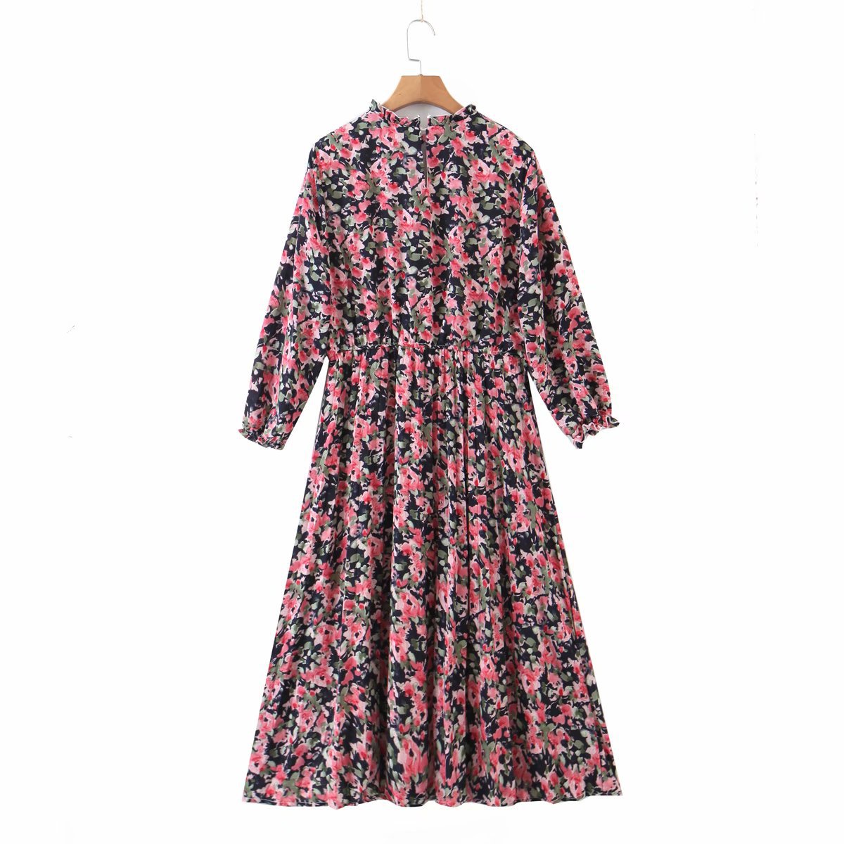 print pleated nine-quarter sleeves dress  NSAM36896