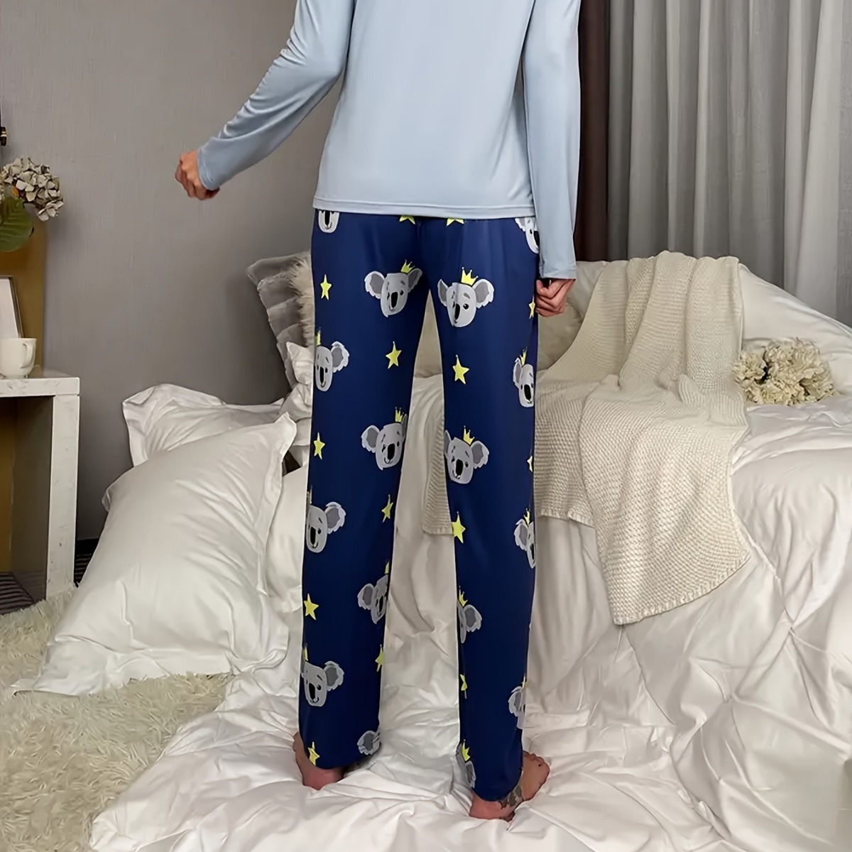 Traje de pantalones de manga larga con estampado transfronterizo de Amazon para mujer, pijamas europeos y americanos, pijamas casuales de primavera y otoño para mujer