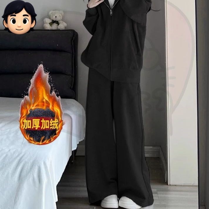 休闲运动套装女秋冬新款宽松连帽灰色卫衣阔腿裤两件套开衫外套潮|undefined