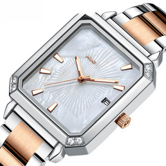 MINI FOCUS Women's Watch, Instagram Style, Light Luxury Small Square Dial with Mother-of-Pearl Face and Backlit Steel Strap Women's Watch 0472L