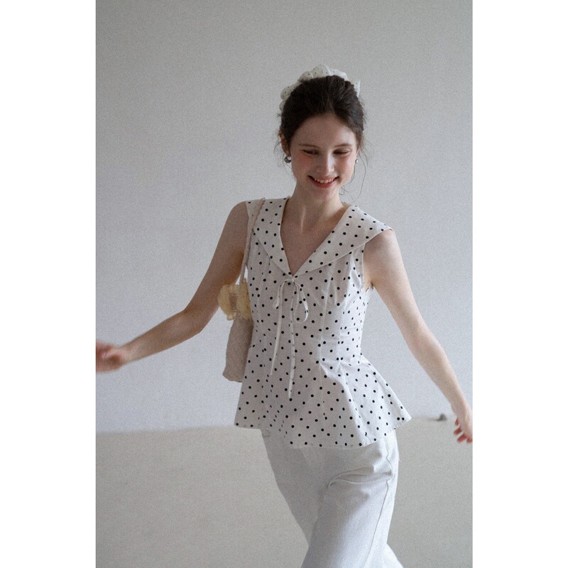 Jomi Navy Collar Polka Dot Slim Fit Vest Outerwear for Women, Summer Korean Style Sweet and Elegant Slimming Sleeveless Top