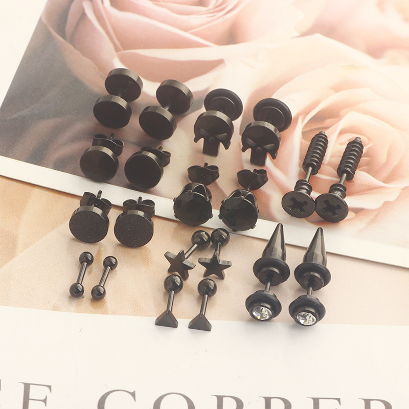 10 Pair Black Stud Round Barbell Earrings Set - Stainless Steel Men's Personality Piercing Studs detail image 16
