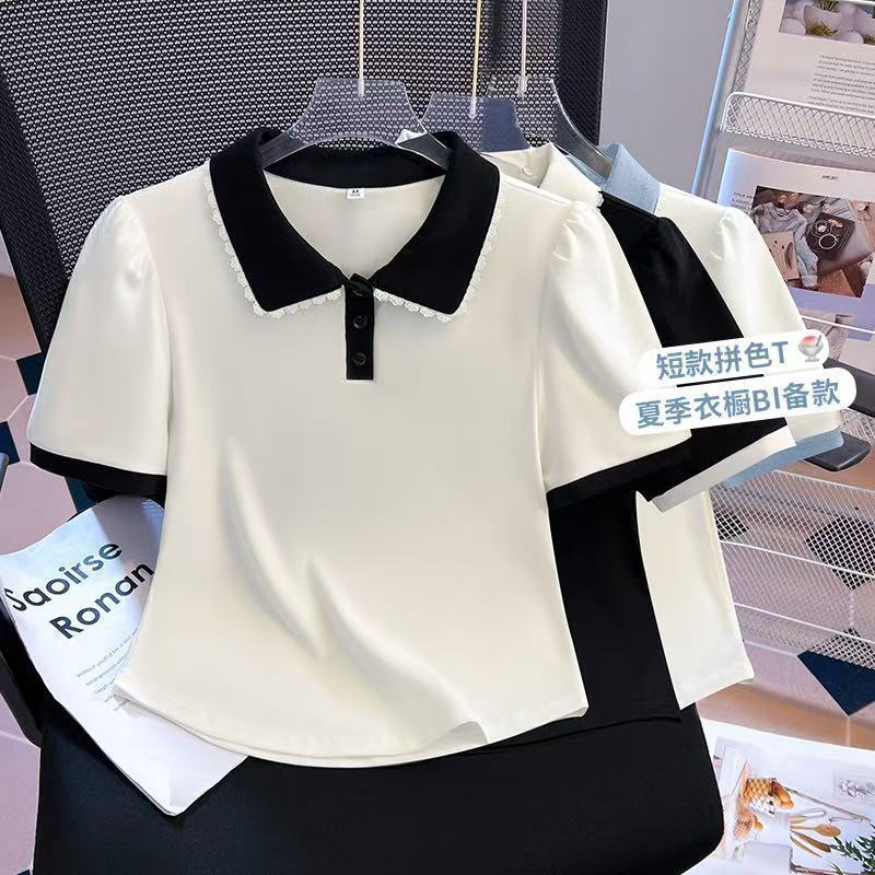 大きいサイズの女性用右肩半袖Tシャツ2025年夏新作ファットmmフェイクツーピースドールカラートップス外国風ポロシャツ|undefined