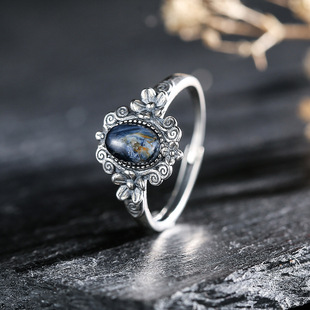 S925 Sterling Silver Inlaid with Natural Peter Stone Color Baotai Silver Ring Women's Open Ring Wholesale Cross-Border Jewelry European and American Style