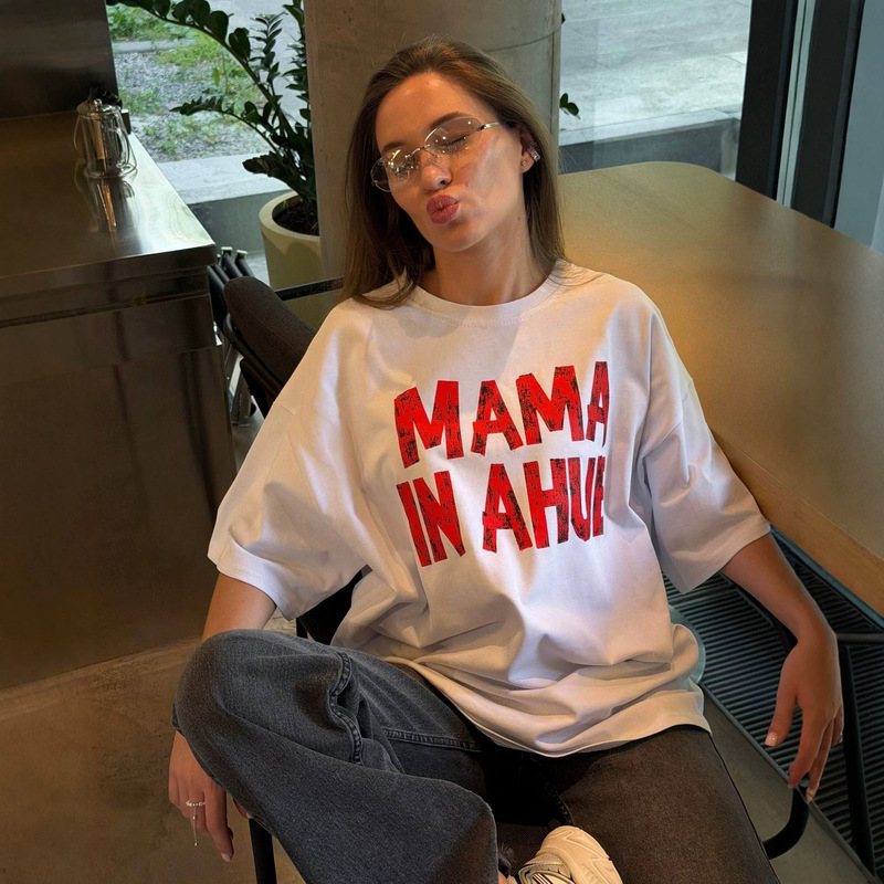 Oversize Boyfriend Style Retro Letter Print Hot Girl T-Shirt Women's Off-Shoulder Pure Cotton Drapey Short-Sleeved Top Women's Clothing