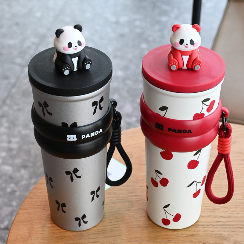 Taza de calor de dibujos animados panda taza de paja de gran capacidad taza de agua de acero inoxidable taza de café de alta calidad taza de estudiante portátil