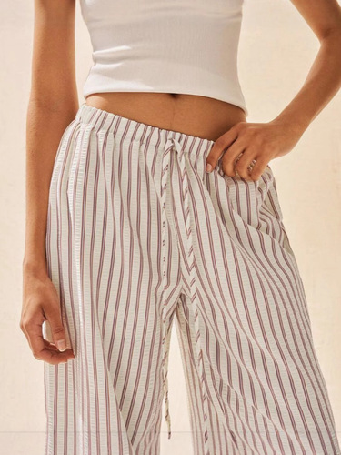 2025 European and American Cross-Border Spring/Summer New Women's Striped Cropped Casual Loose Printed Pocket Pants—Fashionable for Women