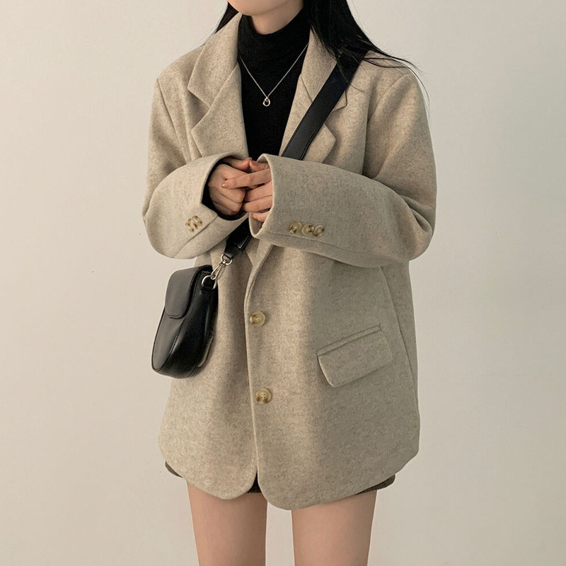 Korean Chic Winter New Retro British Style Mid-Length Loose Woolen Suit Jacket for Women Versatile