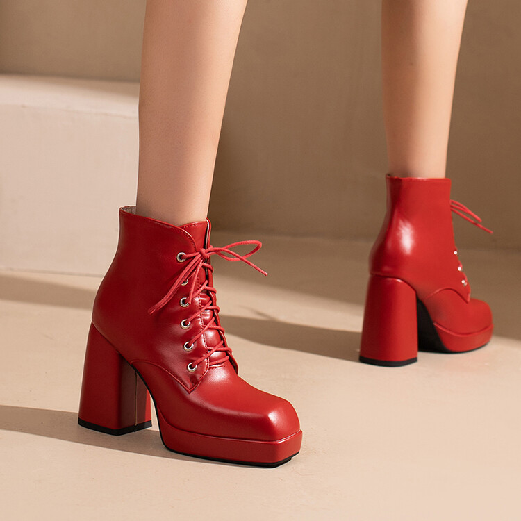 Solid color square head front strap waterproof platform thick heel short leg boots_voghion.com