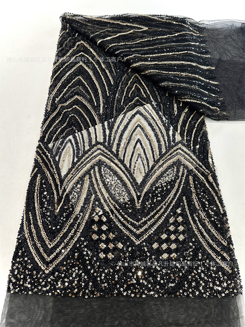 Tejido de malla de sequinilla de dos colores de moda de alta fijación de perlas de tela bordada europea y americana vestido de boda vestido de tela