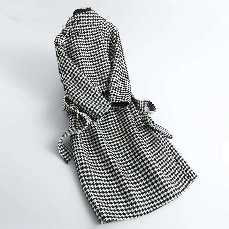 Women's Clothing mid length temperament windbreaker houndstooth autumn and winter coat loose casual retro Overcoat_voghion.com
