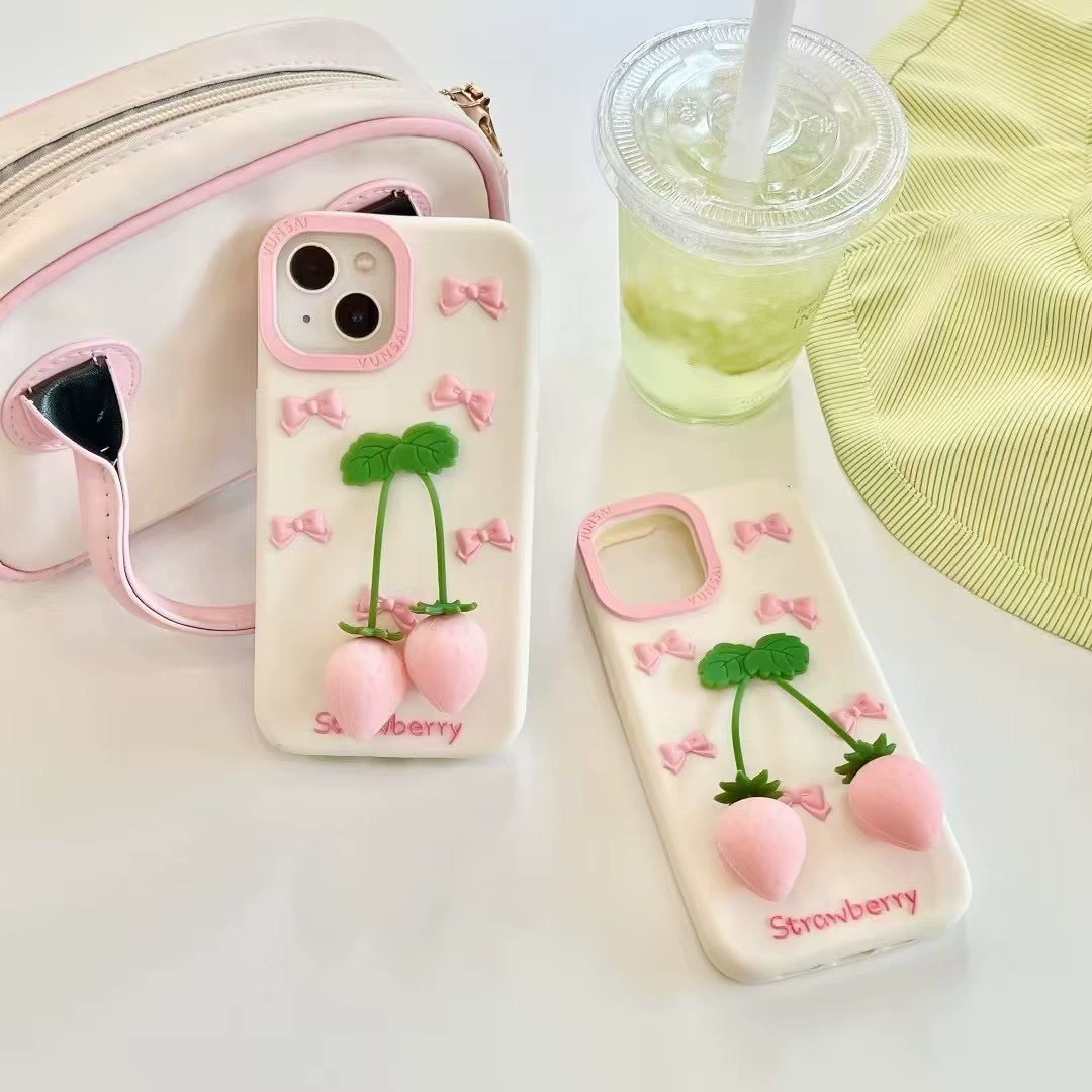 Яблоко, трехмерная кремовая клубника с бантом, подвеска, совместимо с iPhone 16, iPhone 15 Pro, чехол для телефона, iPhone, 15