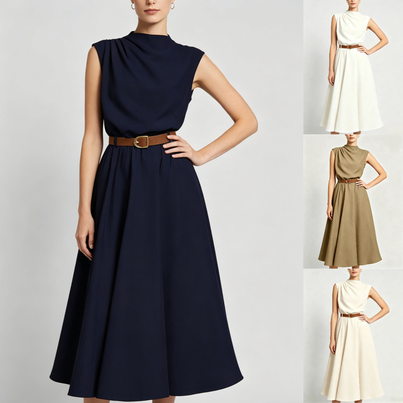 Cross-border foreign trade Amazon European and American summer high-neck sleeveless dress with one-side ruching (comes with belt) Cross-border foreign trade Amazon European and American summer high-neck sleeveless dress with one-side ruching (comes with belt)