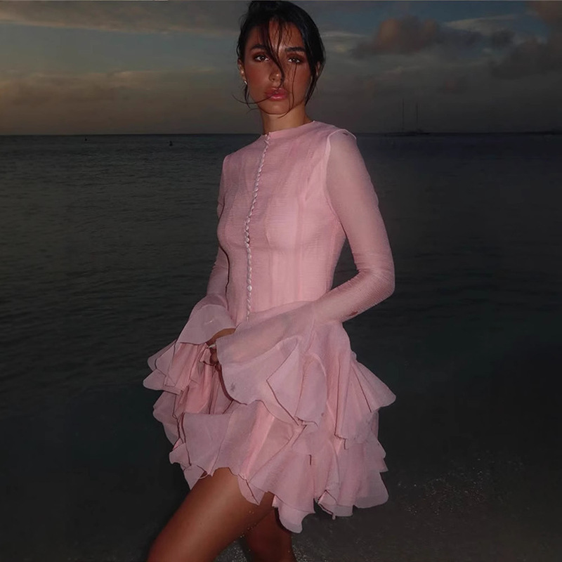 Gentle and Stylish Lady Spring & Fall New Niche Design Buttoned Bud Long-Sleeved Slimming Look Ruffle Dress Gentle and Stylish Lady Spring & Fall New Niche Design Buttoned Bud Long-Sleeved Slimming Look Ruffle Dress