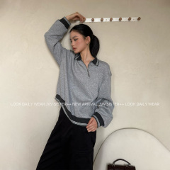 JVV十三行2025秋季新款条纹罗纹Polo领斜襟设计感休闲卫衣女71022