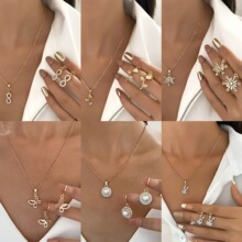 跨境新款镶钻蝴蝶首饰套装女ins风创意设计爱心花朵项链耳环套装