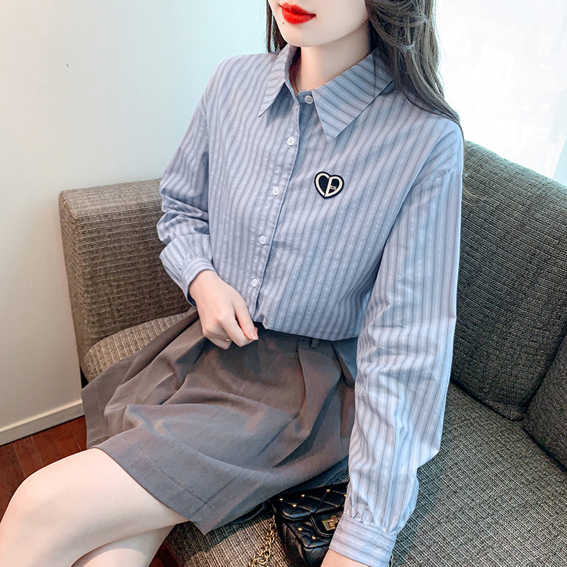 嚴選2025春秋新款純棉條紋襯衫女時尚減齡休閒愛心章長袖襯衣