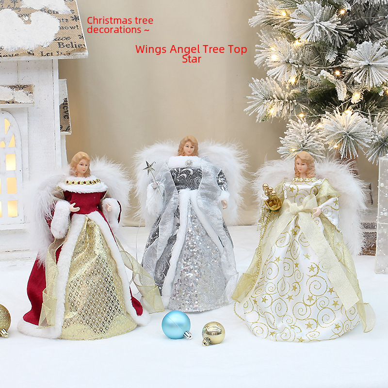 Baiyang crafts small wholesale Christmas new Christmas tree decoration supplies plush wings Angel Tree Top Star_voghion.com