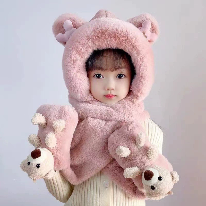 Children's hat, scarf, winter gloves, keep warm windproof baby cap, set, with little bears, 3 piece set
