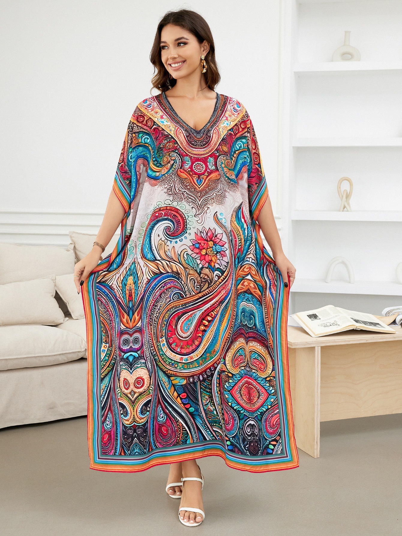 Rochie de plajă lungă kimono dama boho viscoză tie-dye_voghion.com