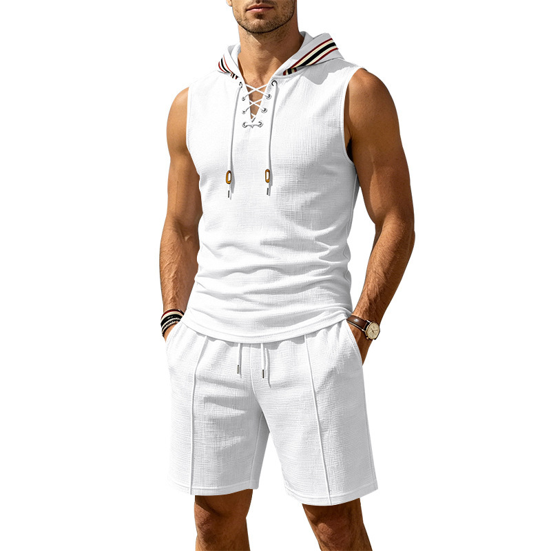 Men's Summer Hooded Vest And Shorts Set, Casual Loose Fit Breathable Athletic Two-Piece Outfit With Color Block Design_viptrois.com