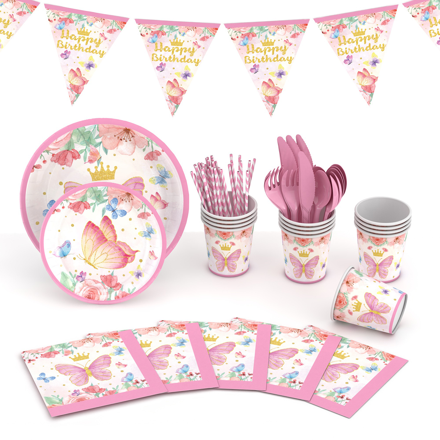 Primavera Rosa mariposa tema decoración del partido césped cumpleaños plato de papel desechable taza de papel decoración traje