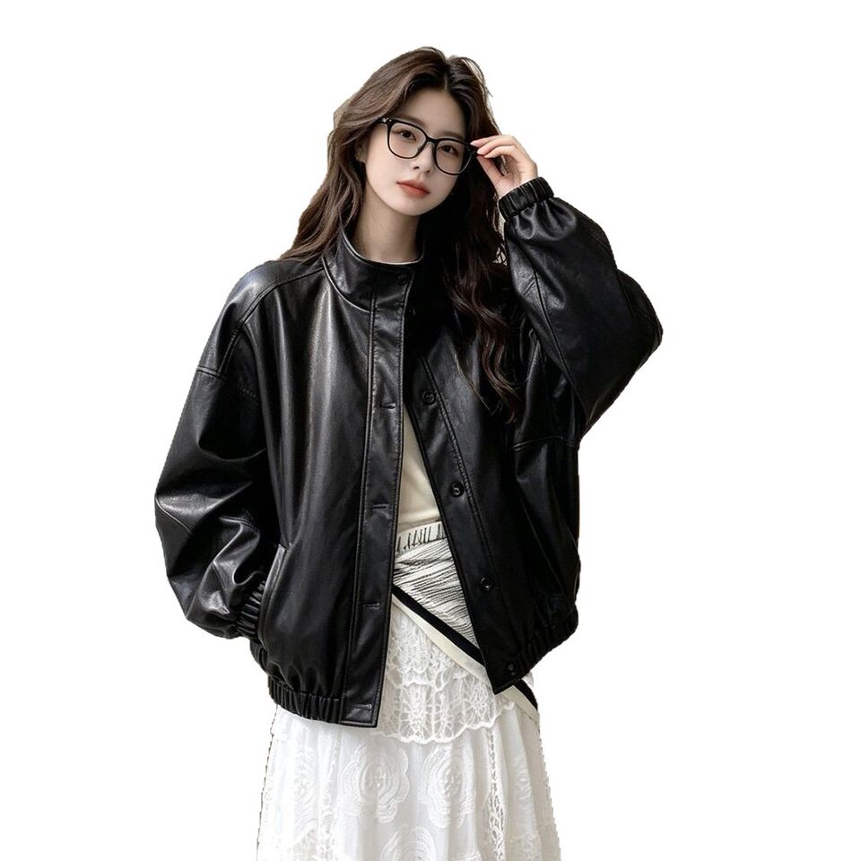 Áo khoác da PU cổ đứng dáng rộng phong cách retro, kiểu biker, dài tay, có lót — Màu đen [Chất lượng cao, có lót vải]