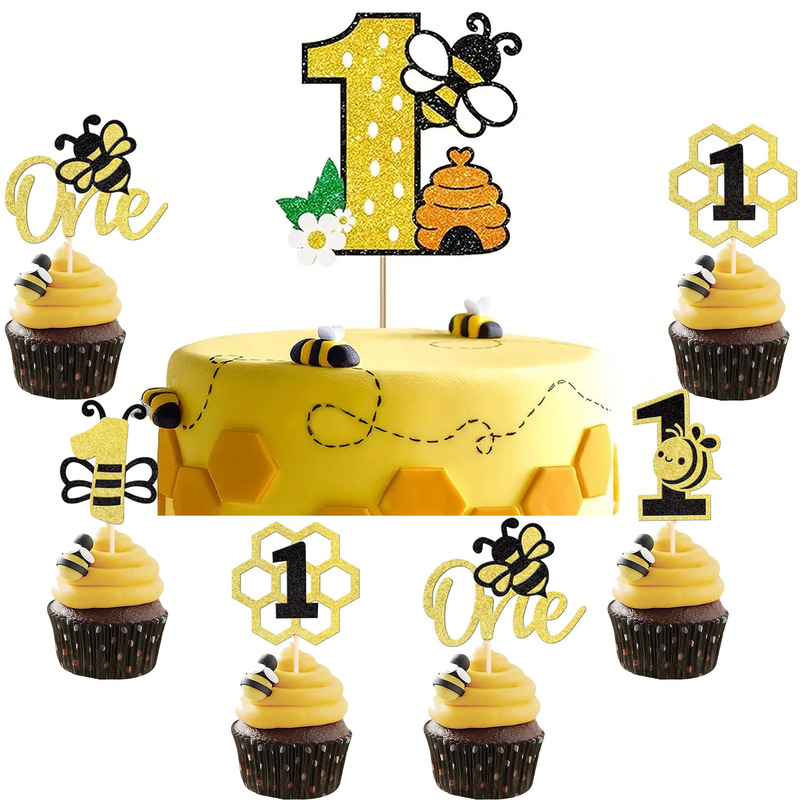 Cross-border Hot Selling New Bee Bee Theme Baby One Year Old Birthday Cupcake Decoration Plug-in Card Cross-border Hot Selling New Bee Bee Theme Baby One Year Old Birthday Cupcake Decoration Plug-in Card