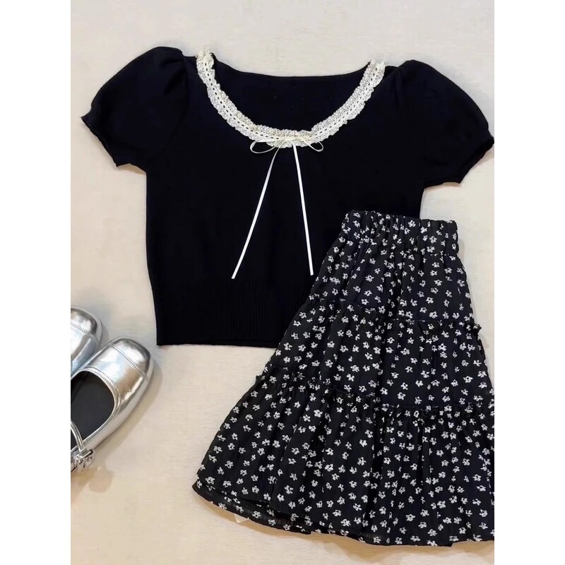 Summer Black Bow-Knot French-Style Hollow-Out Ice Silk Knit Short-Sleeve T-Shirt for Women with Lace Trim Short Top