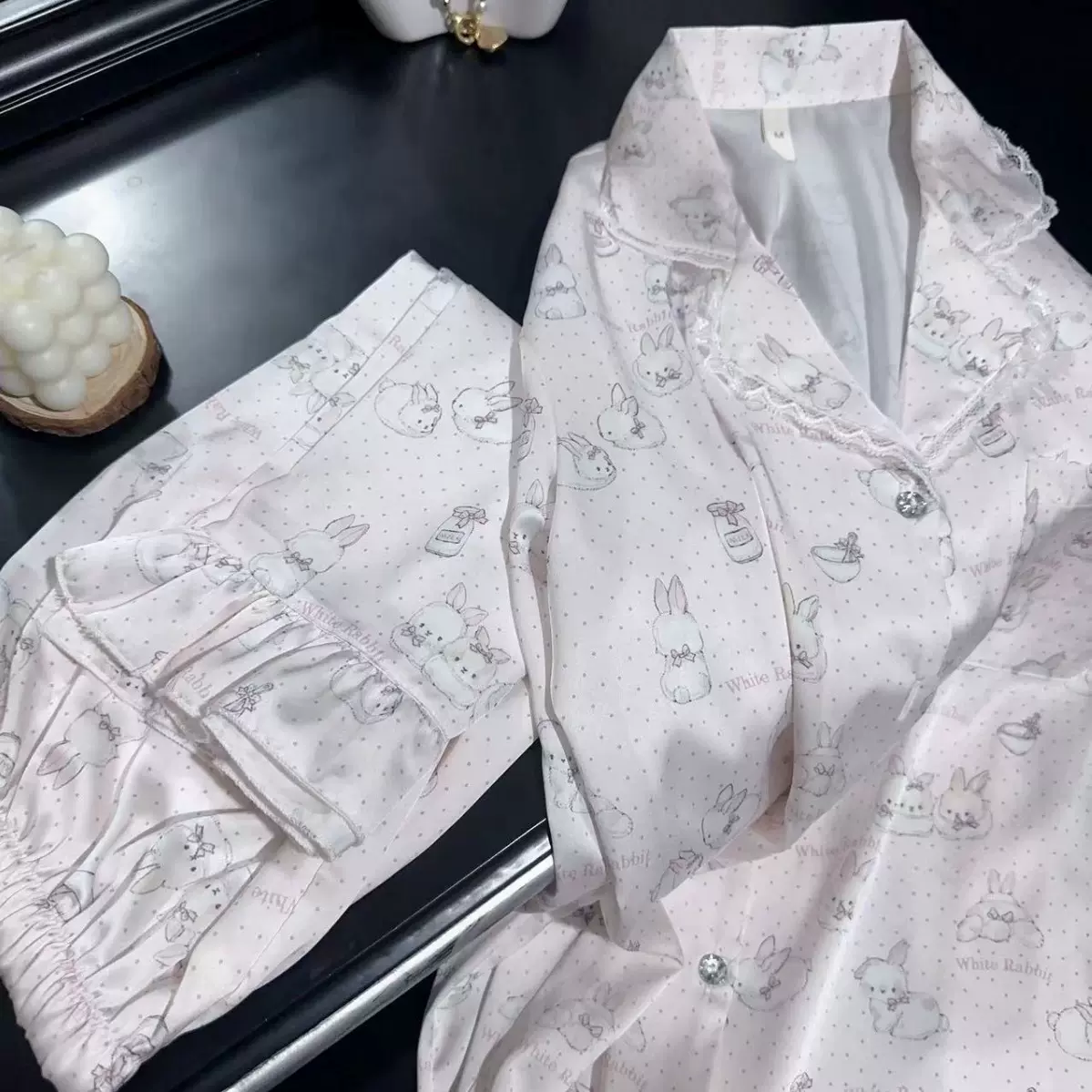 【蒙落雪兔】2024新款兔子蕾丝睡衣女秋季甜美卡通冰丝家居服套装