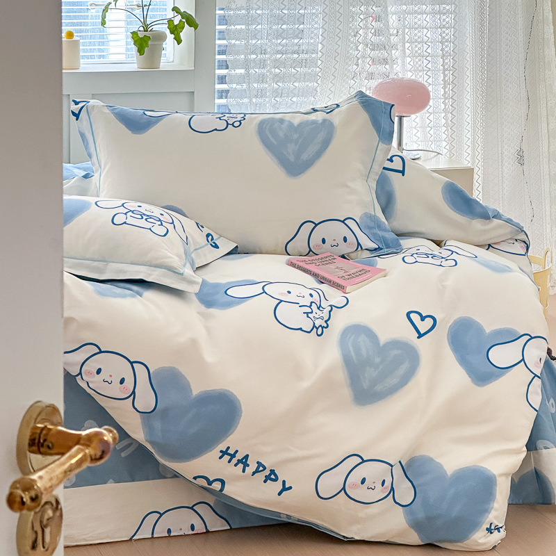 Cama de algodón fresco pequeño conjunto de cuatro piezas de algodón dibujos animados impresos cubierta de edredón dormitorio de estudiantes un solo conjunto de ropa de cama de tres piezas en