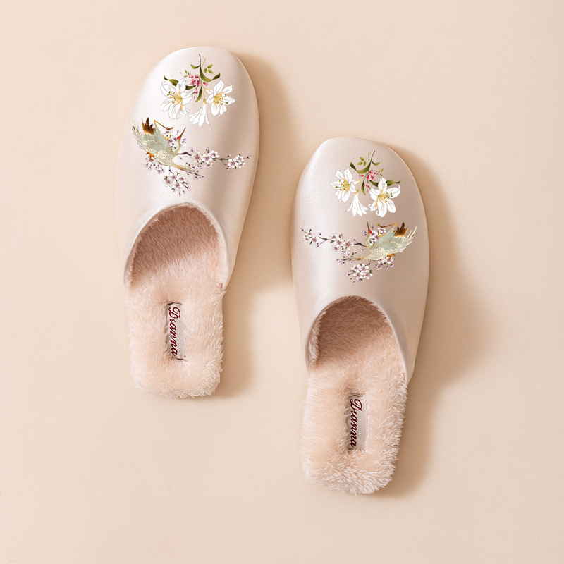 Women's Cotton Slippers, High-Bottom Autumn and Winter Warm Fleece-Lined Comfortable Floor Shoes, Thick-Soled Non-Slip Accessible Luxury Chinese Style Satin Men's Shoes