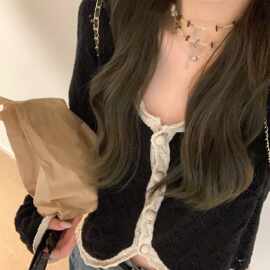 ASHFM2025秋冬季节堂吉子女拼色针织小开衫秋季复古感休闲上衣女