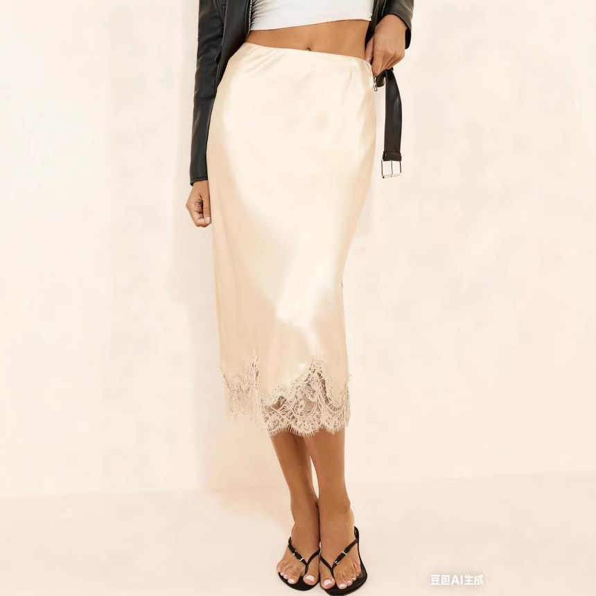 Cross-Border Amazon Skirt Lace Splicing Satin Skirt Celebrity High-End Women's Clothing Manufacturer Source Goods