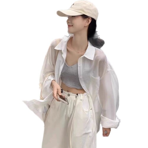 French-style white cotton linen sun shirt women's summer thin version outerwear women's open jacket women's blouse linen top summer