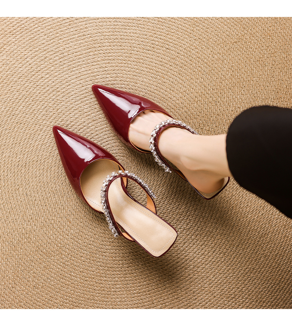 Giày sandal cao gót nữ mũi nhọn đính đá kiểu Pháp, gót nhọn 9 cm — đen chi tiết 2