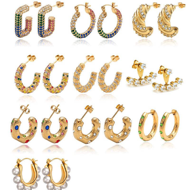 Europa y América transfronteriza retro con incrustaciones de circón pendientes de acero inoxidable creativo temperamento Luz de lujo de alto sentido de las mujeres pendientes de espárragos