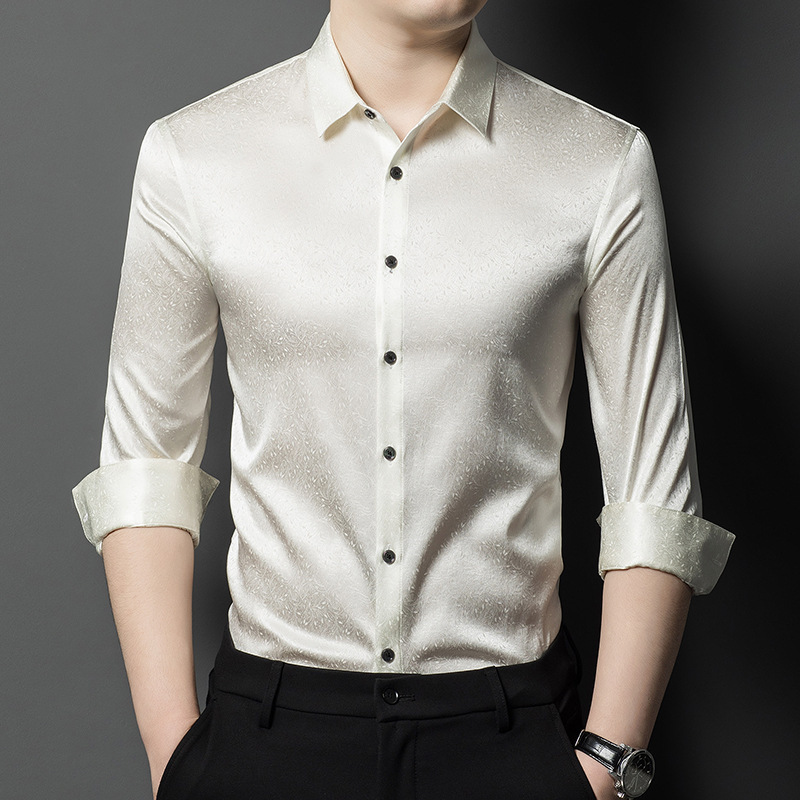 High-end silk shirt men's spring long-sleeved mulberry silk shirt middle-aged casual business satin silk men's shirt