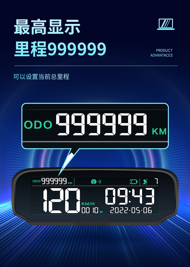 Car Hud Head-Up Display Gps Speedometer Beidou Universal Code Meter Altitude Total Mileage Clock Solar Wireless