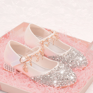 Factory Direct girls' princess shoes spring and autumn single-layer shoes Children's crystal high heels with flash Diamond leather shoes with dress