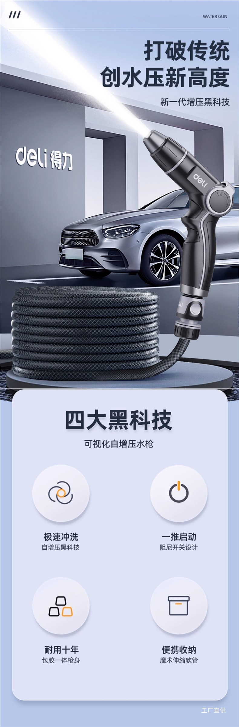 Powerful High-Pressure Household Car Wash Water Gun with Retractable Hose for Yard Cleaning, Connected to Tap Water with Booster Nozzle Gun